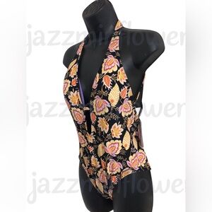 Vince Camuto black‎ assorted prints halter open back one piece swimsuit size 10